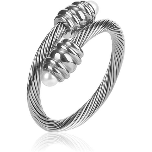 ✨ Cable Pearl Cuff Ring | Adjustable 70–90mm | Elegant Statement Jewelry - Picture 1 of 2
